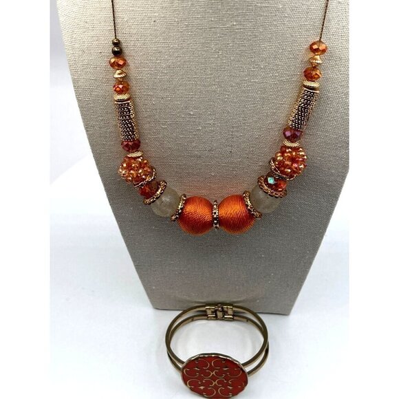 Beaded Necklace & Hinged Bracelet Set Orange & Gold Tone Statement Jewelry - Picture 1 of 8